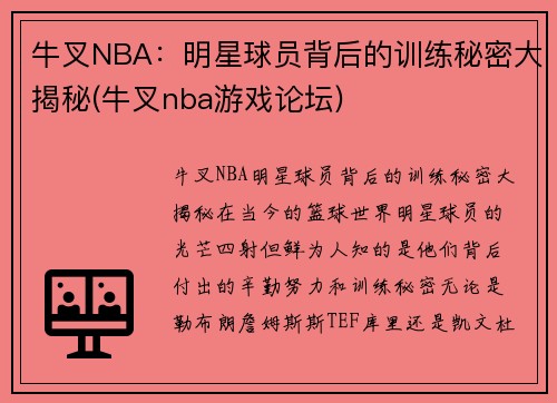 牛叉NBA：明星球员背后的训练秘密大揭秘(牛叉nba游戏论坛)